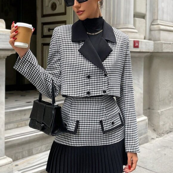 Elegant Women's Houndstooth Pattern Suit jacket & Pleated Skirt - Picture 5 of 6